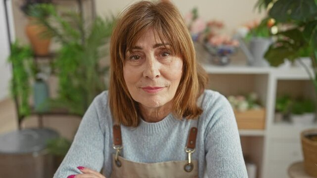 Mature woman with short hair and apron smiling in a flower shop surrounded by greenery and floral arrangements.