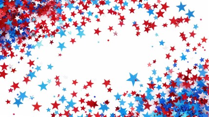 An artistic arrangement of red, blue, and white star-shaped confetti spread out towards the edges, leaving a clean, white central space for text or design.