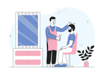 People in barber shop. Man applies spray to hair of young guy. Beauty, aesthetics and elegance. Hairdresser with client. Linear vector illustration