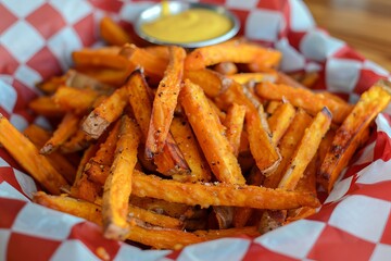 Crispy sweet potato fries in a red and white checkered basket
