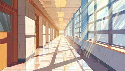 School Hallway With Sunlight anime cartoon