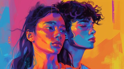 A vibrant, colorful illustration of two women with expressive paint strokes, set against an abstract urban background, capturing modern femininity and dynamic artistic style.