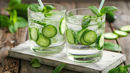 Refreshing cucumber water served in clear glasses, filled with ice cubes and garnished with fresh mint leaves, set against a rustic wooden background.