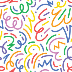 Abstract drawing doodle seamless pattern. Creative squiggle color lines. Trendy colorful background.