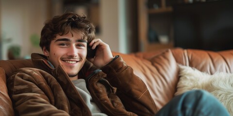 Obraz premium Smiling handsome man holding smartphone sitting on a sofa at home. Young man calling on mobile phone happily