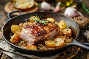 Fototapeta premium German dish Smoked pork with sauerkraut and fried potatoes in a cast iron pan on a rustic table