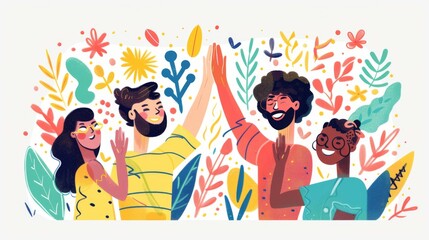 A diverse group of friends joyfully high-fiving amidst a vibrant, colorful natural setting, displaying mutual support and happiness. Illustrated with bright, animated styles.