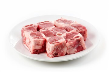 Fresh pork tail displayed on white plate against white backdrop