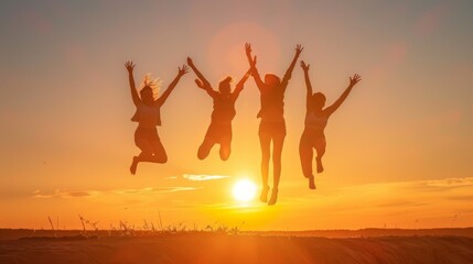 Four friends leap into the air as the sun sets, capturing a moment of joy and camaraderie against a stunning natural backdrop, emphasizing friendship and happiness.