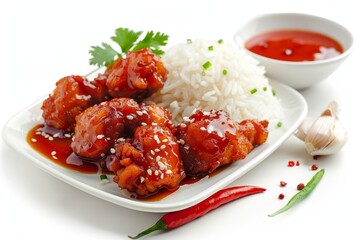 Fried chicken and garlic with rice sweet chili sauce white background