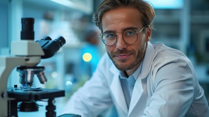 A young scientist with glasses and a white lab coat smiles in front of a microscope in a laboratory, surrounded by scientific instruments, reflecting enthusiasm and discovery.