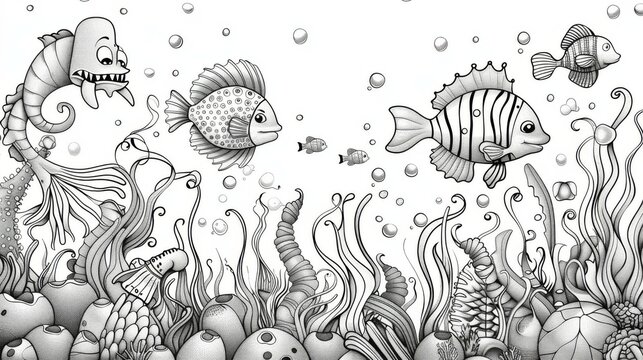 A detailed black and white illustration showcasing a whimsical underwater world filled with various cartoon-like fish and marine plants, evoking a sense of adventure and creativity.
