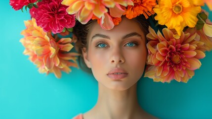 A woman with a flower headdress is wearing a pink and orange floral headdress. She has blue eyes and a pale complexion