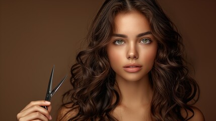A woman with long brown hair holding a pair of scissors. The scissors are pointed at her face