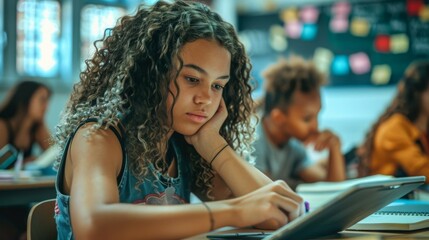 A teenage girl with curly hair is deeply focused on studying using a tablet in a classroom setting, while other students are engaged in their own activities in the background.