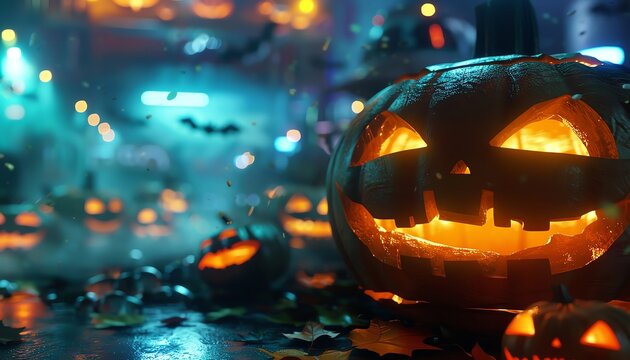 Glowing jackolanterns in a futuristic Halloween scene with neon lights and spooky atmosphere, perfect for festive digital backgrounds