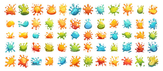 Cartoon colorful slime set. Sticky splash liquid spots and blots, jelly goo stains vector illustration