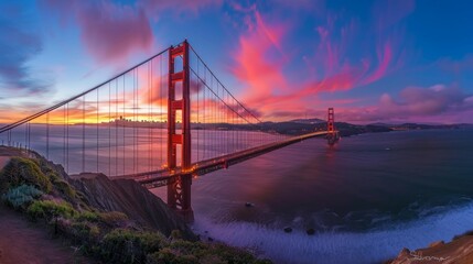 Fototapeta premium A picturesque and colorful sunset captured behind the Golden Gate Bridge, with a sky painted in vibrant pinks and purples, and reflections creating a stunning visual effect.