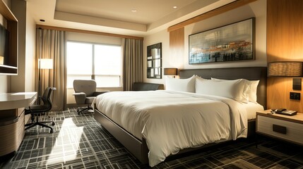 Modern hotel room with king size bed, desk, and large window