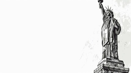 Obraz premium A detailed black and white illustration of the iconic Statue of Liberty, showing its recognizable torch and book while standing majestically against a plain background.