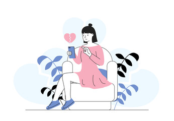 Woman with broken heart. Young girl after relationship breakup. Depression and frustration, loneliness. Negative feelings and emotions. Linear vector illustration