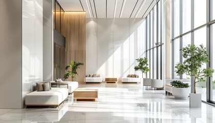 Fototapeta premium Modern office lobby with large windows, comfortable seating, and natural light.