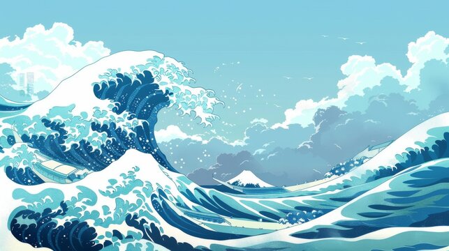 A beautiful illustration depicting the iconic Japanese wave crashing towards the shore with Mount Fuji in the background, showcasing the harmony between nature and art.