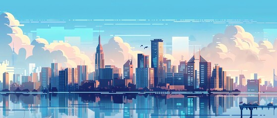 Fototapeta premium Vibrant cityscape illustration with skyscrapers reflecting in calm water under a clear blue sky.