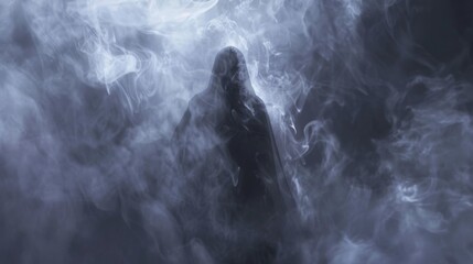 A mysterious shadowy figure enveloped in swirling smoke, creating an eerie and enigmatic atmosphere. Perfect for representing mystery and suspense in abstract art.