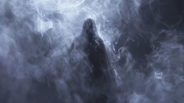 A mysterious shadowy figure enveloped in swirling smoke, creating an eerie and enigmatic atmosphere. Perfect for representing mystery and suspense in abstract art.
