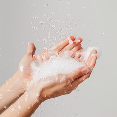 Fototapeta premium A professionally taken realistic photo showcasing hands with foam soap, ideal for advertising and marketing purposes.