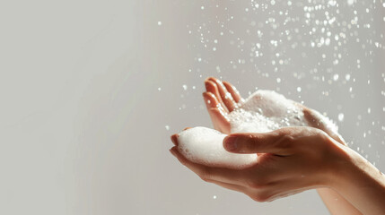 A professionally taken realistic photo showcasing hands with foam soap, ideal for advertising and marketing purposes.