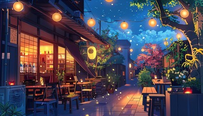 Obraz premium Japanese Cafe Patio, cartoon
