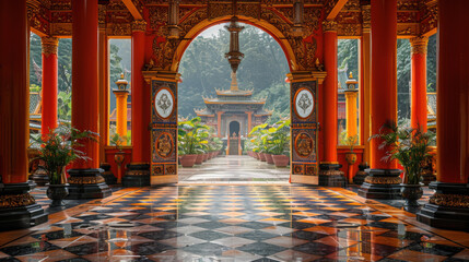 Obraz premium Enchanted Ancient Chinese Painting of Wat Tha Sung with Glass Halls and Spiritual Aura