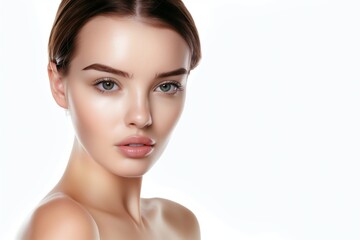 Obraz premium close up face portrait of young pretty woman green eyes with bright flawless clean clear skin, beauty cosmetic or skincare fashion portrait with copy space