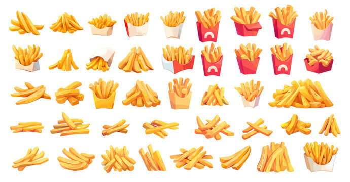 Cartoon french fries set. Fried potato pices pile, fast food in paper box red package vector illustration