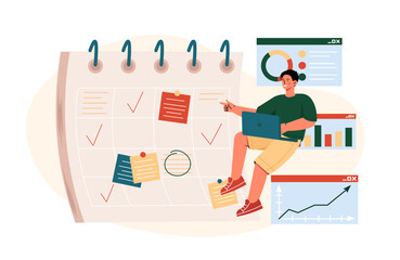 Man with calendar. Young guy marks calendar. Time management and efficient workflow. Statistics and infographics. Manager and secretary. Flat vector illustration