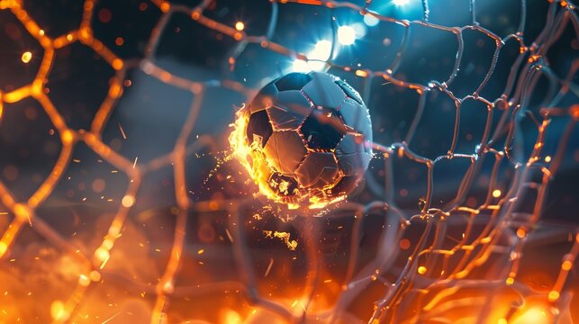 Dynamic soccer ball caught in the net with fiery effects and intense lighting. The image captures the thrilling moment of scoring in a soccer match. Ideal for sports, energy, and victory themes. AI