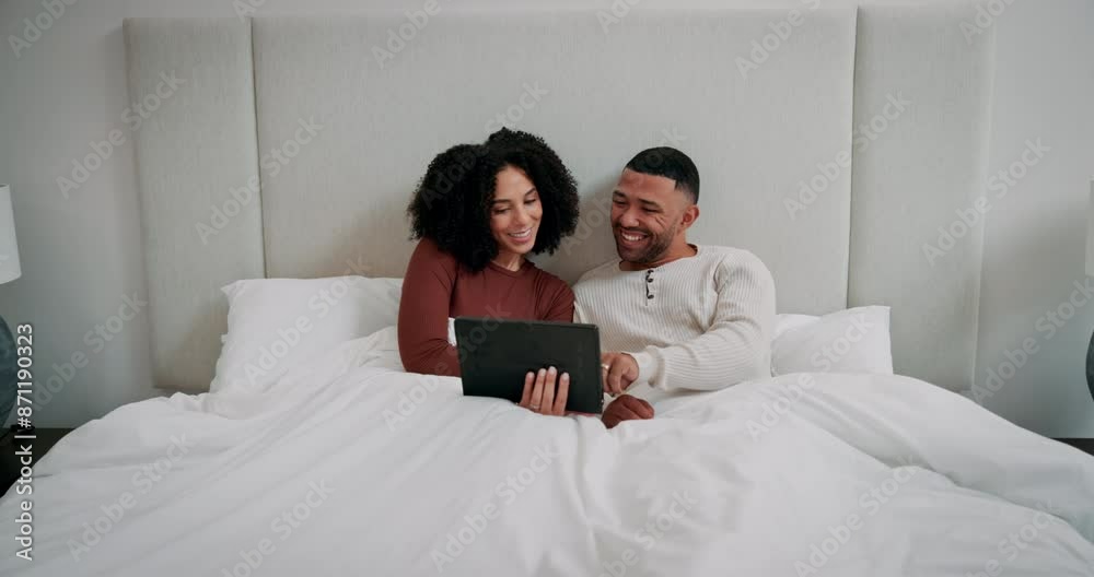 Canvas Prints Tablet, couple and relax together in bed for relationship trust, wellness and streaming movies in home. Love, happy man and woman with tech on mattress for bonding, online series and lazy morning