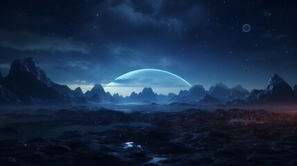 In this ethereal image, rugged mountains stretch beneath a star-filled night sky dominated by distant celestial bodies, evoking a sense of cosmic wonder and exploration.