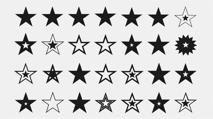 An extensive collection of black and white star icons designed with diverse patterns and styles, suitable for a wide range of creative projects including graphic design and branding.