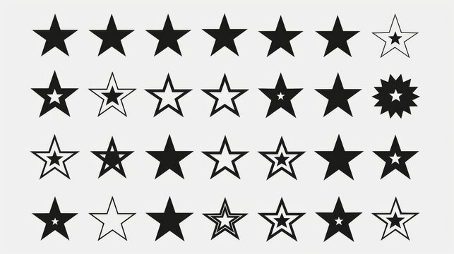 An extensive collection of black and white star icons designed with diverse patterns and styles, suitable for a wide range of creative projects including graphic design and branding.