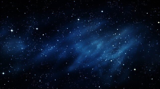 A star-filled night sky with blue nebulous clouds creating a stunning cosmic scene. The stars sparkle brightly against the deep blue background, evoking wonder.