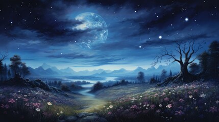 Fototapeta premium A moonlit night with a vast meadow filled with flowers, and a scenic mountain range in the background, creating a picturesque and peaceful landscape drenched in blue hues.