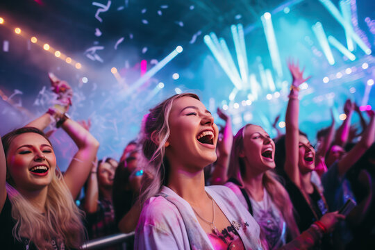 happy and excited audiences are dancing in the concert in music festival the stadium with their favorite bands and singer world tour
