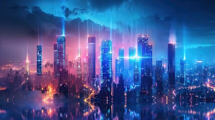 Fototapeta premium Digital Metropolis: Futuristic Cityscape with Towering Skyscrapers