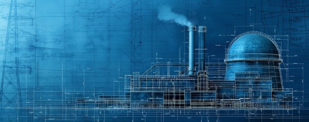 An intricate blueprint design of an industrial nuclear reactor overlaid on a blue technical background