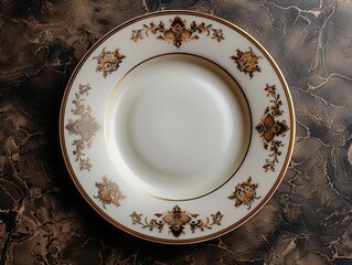 Opulent golden plates with ornate design on a marble surface