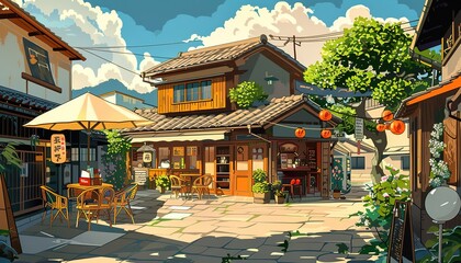 landscape Cafe Scene in Japan, cartoon