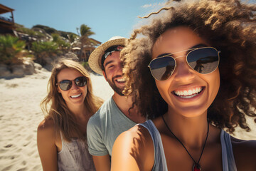 Selfie of a group of 30 year old multiethnic friends at the beach. Generative Ai.